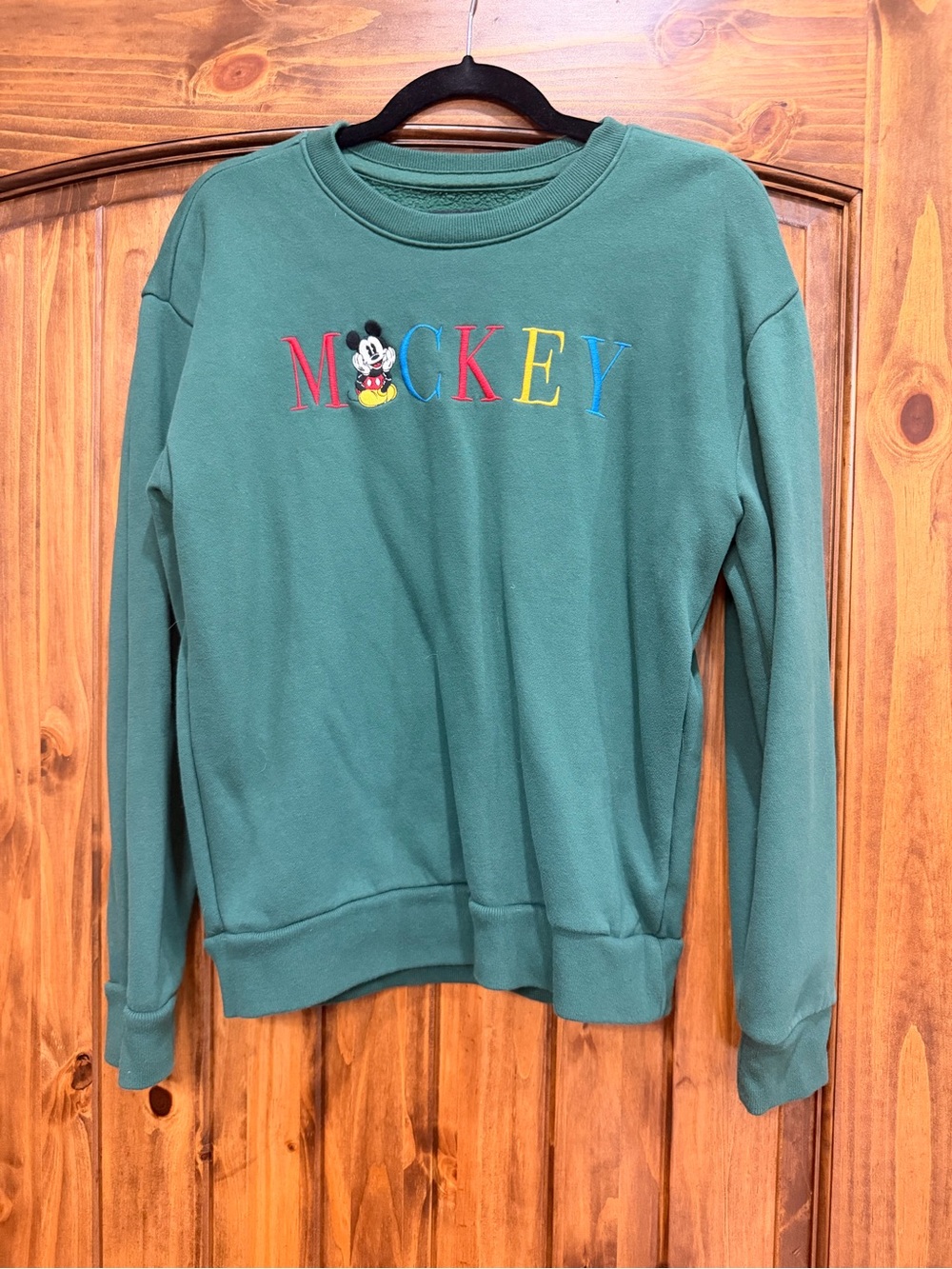 Disney Green Crewneck Sweater with Colorful Mickey Embroidery